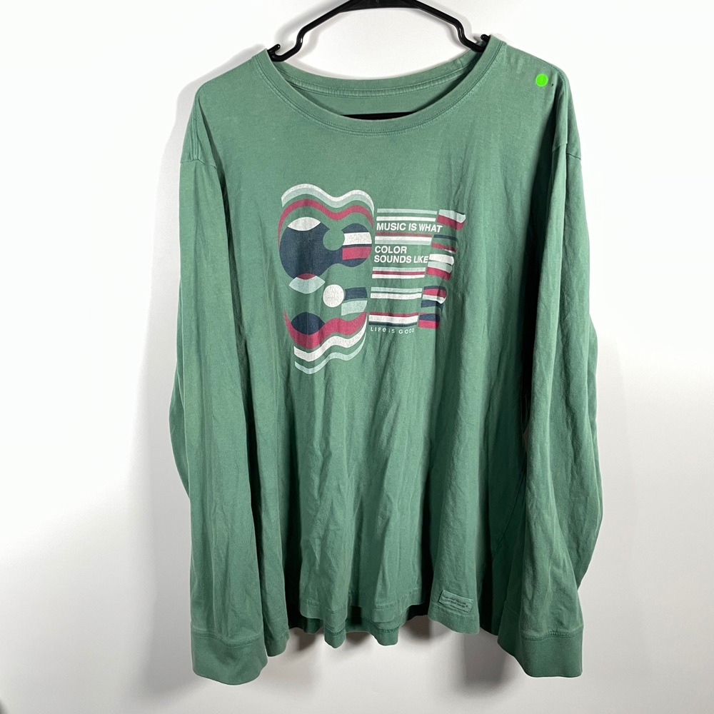 Life is Good Mens XL Green Long Sleeve Cotton Crusher T-Shirt Music Guitar